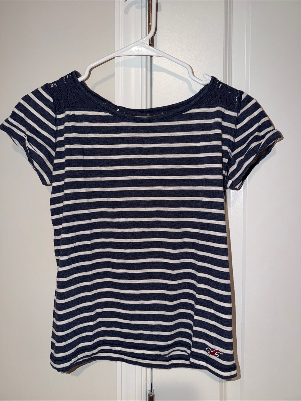 Hollister Navy and White Striped Short Sleeve Tee